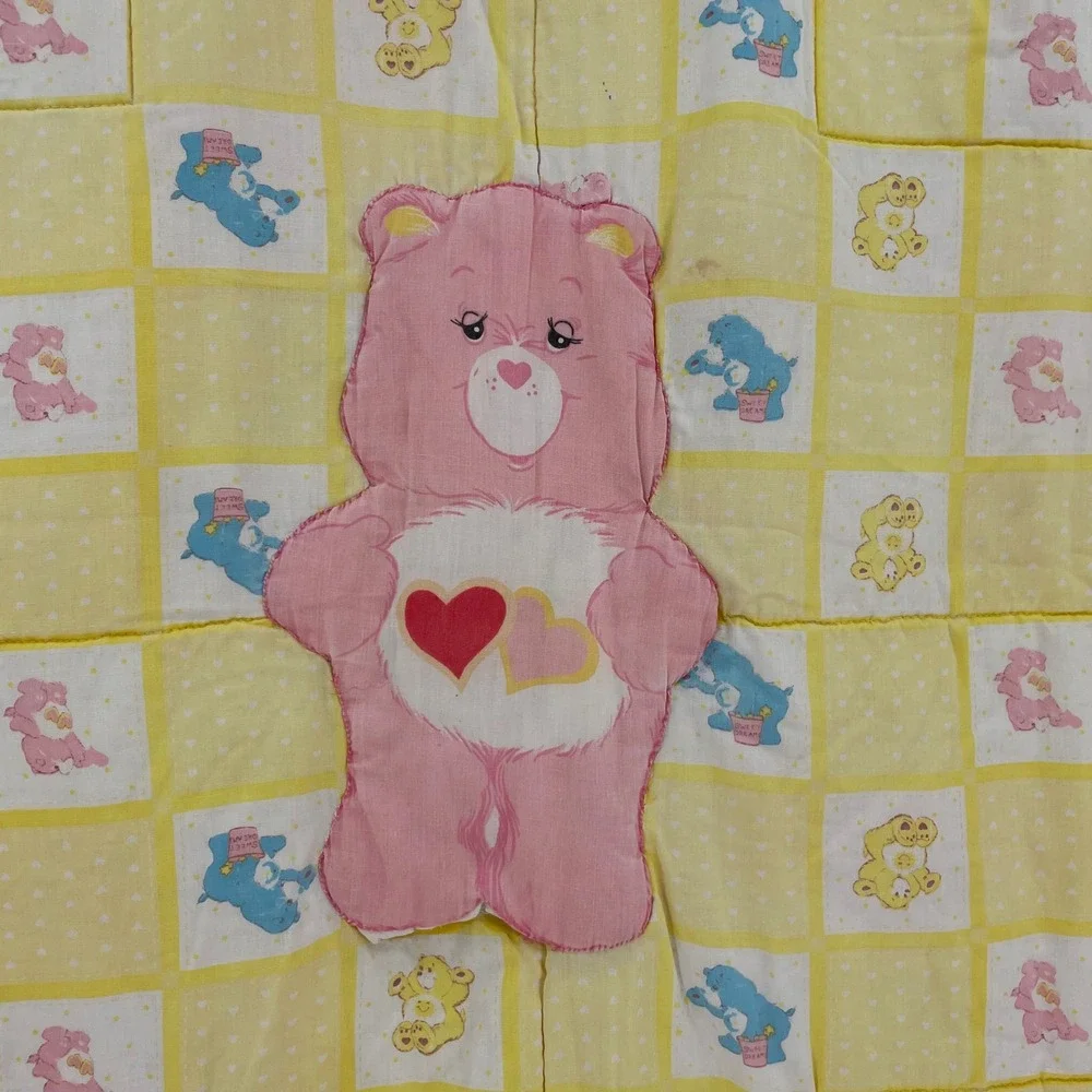 Vintage 1980s Care Bears Handmade Baby Quilt Blanket Love a Lot 50x39